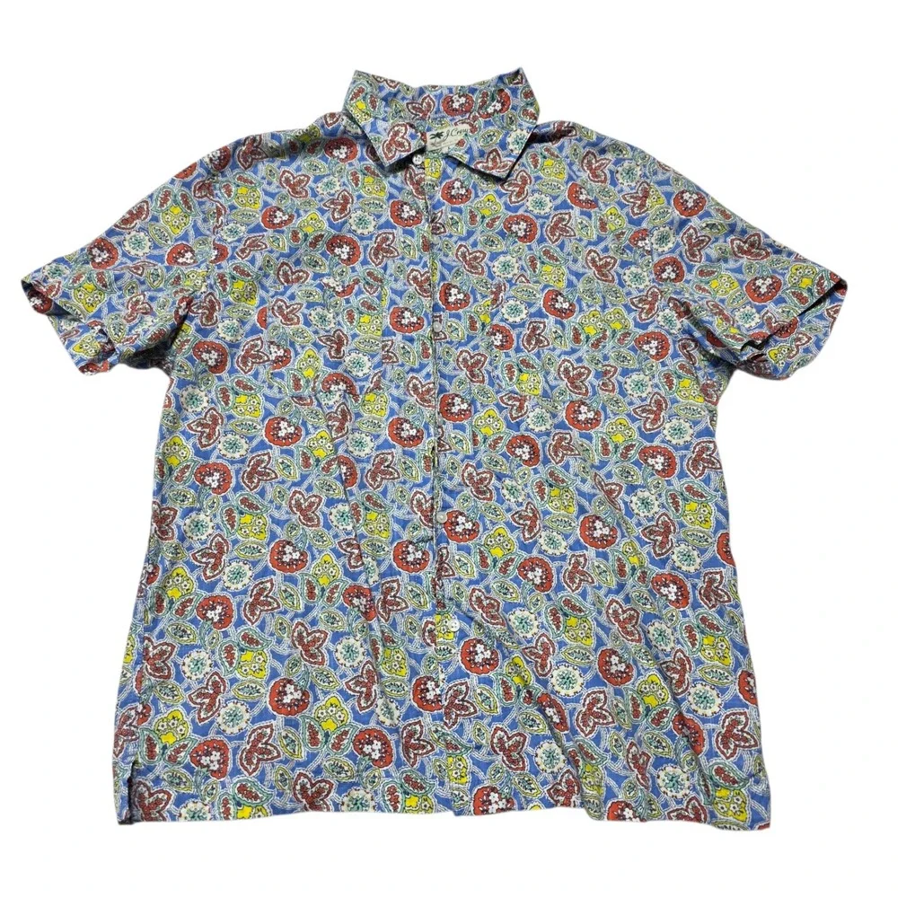 J. Crew Mens Large Short Sleeve Cotton Paisley‎ Floral Button Down Shirt Blue